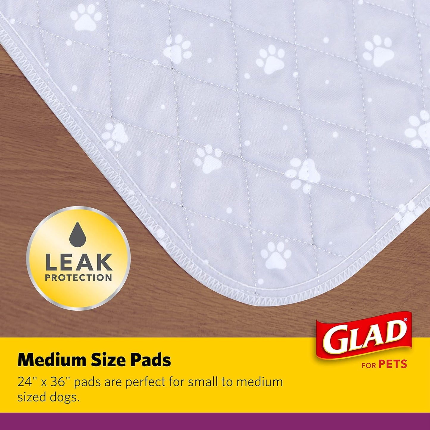 Glad for Pets Washable Dog Pee Pads, Medium, 24 x 36 Inch, 2 Count, Gray with Paw Prints, 3-Layer Leak Protection, No-Slip Vinyl Bottom, Reusable Puppy Training Pads