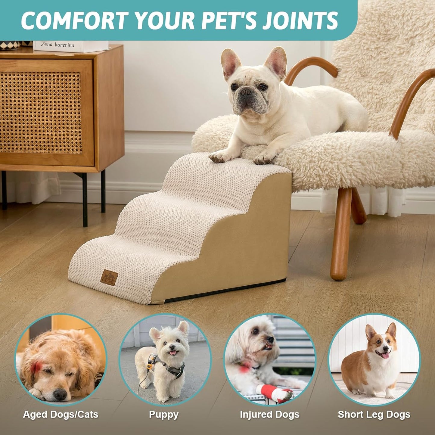 COZY KISS Dog Stairs for Small Dogs 15.7" H, 4-Step Sturdy Foam Dog Steps for Couch and Bed, Curved Pet Stairs for Puppy and Older Cat, Doggie Ladder with Washable Cover, 15.7x28.3x15.7 inch, Beige