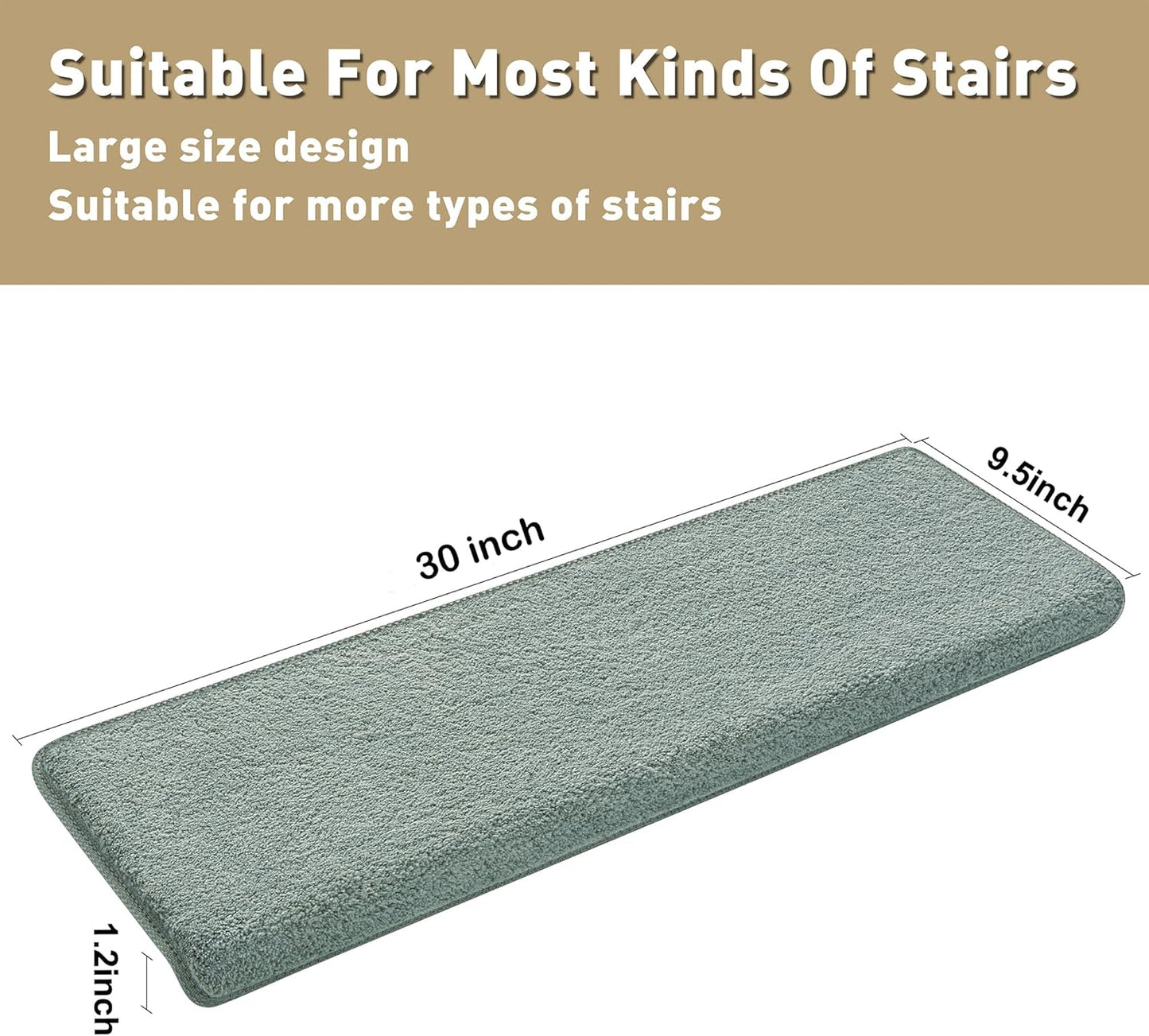PURE ERA Carpet Stair Treads Ultra Plush 9.5" X 30"Soft Bullnose Indoor Stair Protectors Pet-Friendly Non-Slip Skid Resistant Tape Free Washable Reusable(14 Pieces, Cream Gray)