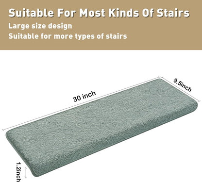 PURE ERA Carpet Stair Treads Ultra Plush 9.5" X 30"Soft Bullnose Indoor Stair Protectors Pet-Friendly Non-Slip Skid Resistant Tape Free Washable Reusable(14 Pieces, Cream Gray)