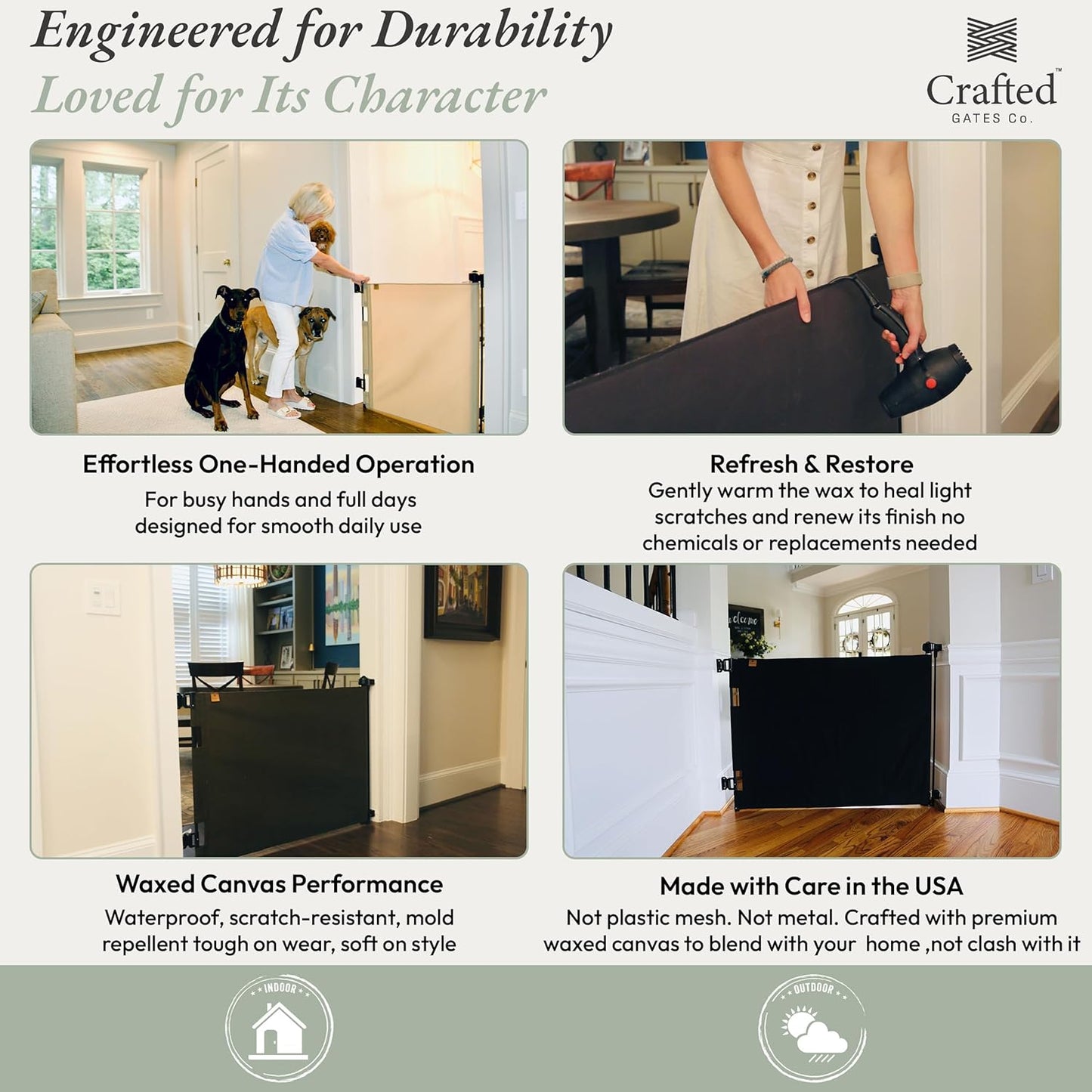 Crafted Gates Oil Waxed Canvas Fabric Retractable Dog Gate Indoor & Outdoor 27.6"–55" Wide x 33" Tall – Premium Designer-Grade Stair Gate for Dogs, Water Resistant, Scratch-Proof – Black