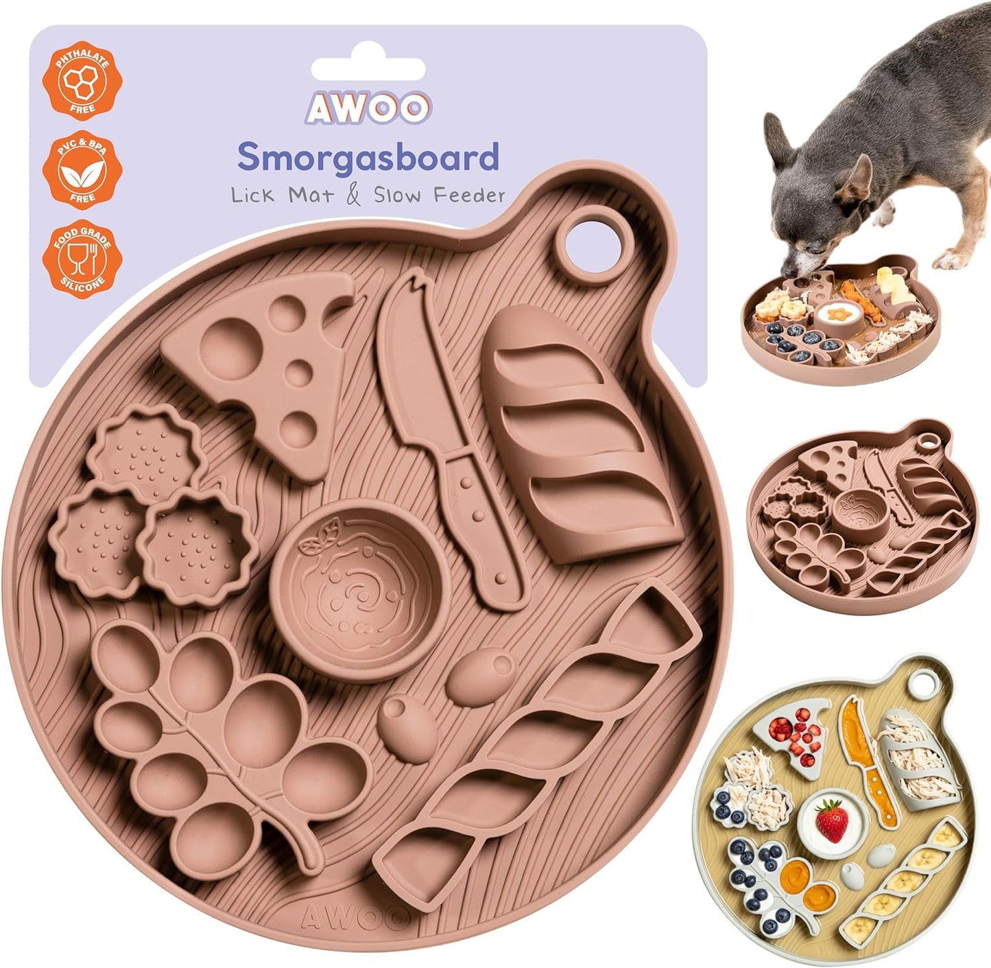 Awoo Smorgasboard - Silicone Dog and Puppy Lick Mat and Slow Feeder with Suction Cups - Non-Slip, Dishwasher Safe Pet Dish - Extends Mealtime for Fast Eaters - for Wet & Dry Food (Misty Blue)