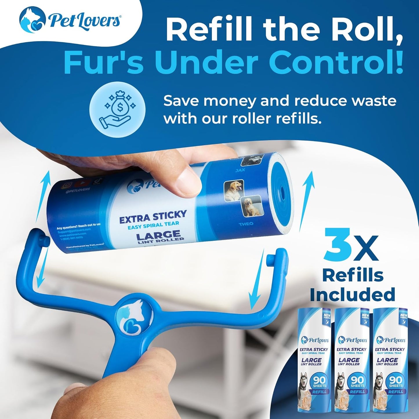 PetLovers Extra Sticky Lint Roller Mega Value Set 600 Sheets for Pet Hair Removal, Dog and Cat Lint Remover 6 Pack