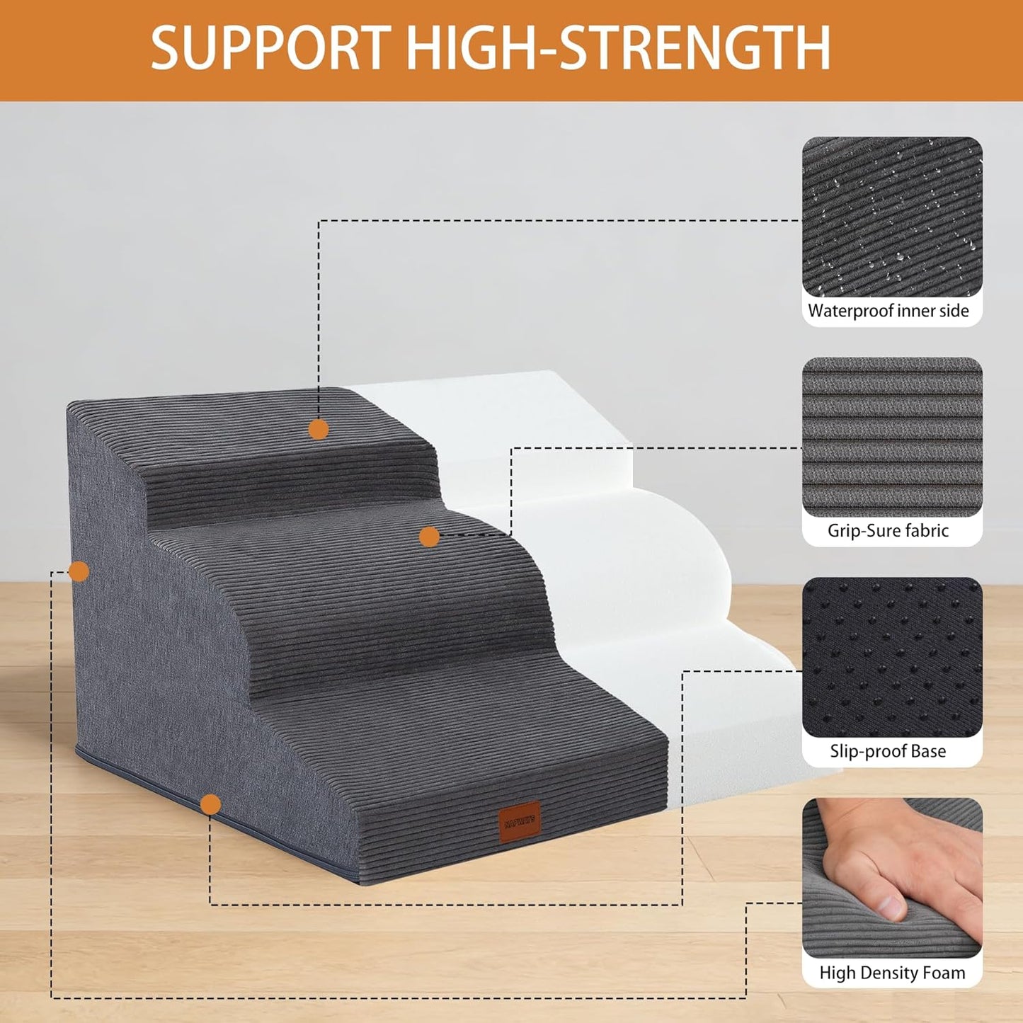 Dog Stairs for Small Dogs and Cats, 15.7" H, 3-Step Curved Pet Ramp for Couch Sofa and Chair, Non-Slip Medium Pet Steps with High Density Foam, Beige