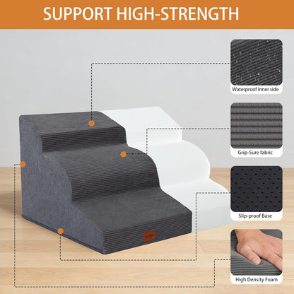 Dog Stairs for Small Dogs and Cats, 15.7" H, 3-Step Curved Pet Ramp for Couch Sofa and Chair, Non-Slip Medium Pet Steps with High Density Foam, Beige