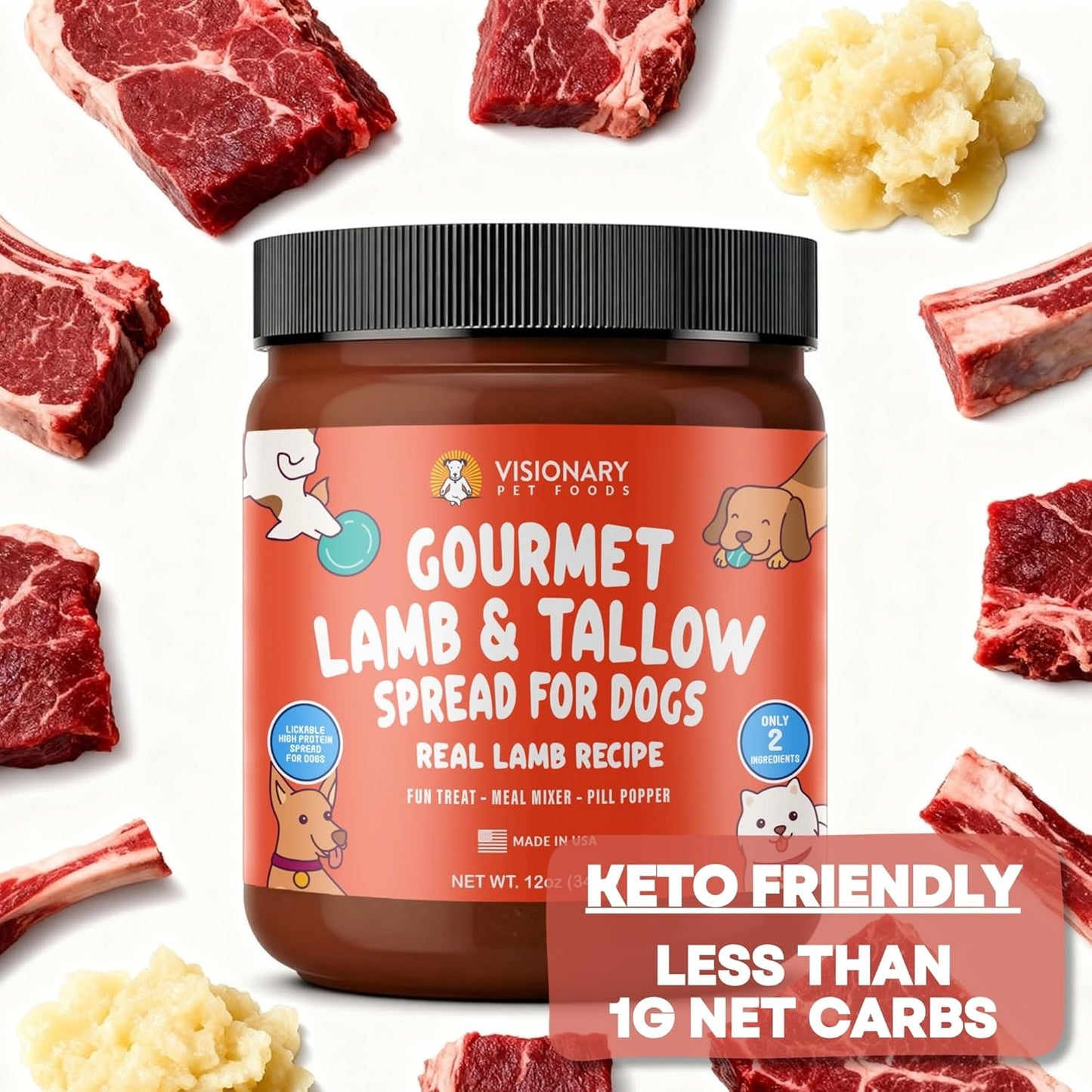 Visionary Pet Foods Beef Meat Spread - Healthy Dog Treat - Alternative to Dog Peanut Butter, Xylitol Free, No Sugar and Filler Free - Use on Lick Mat, Food Mixer, Pill Pockets - 12oz Jar