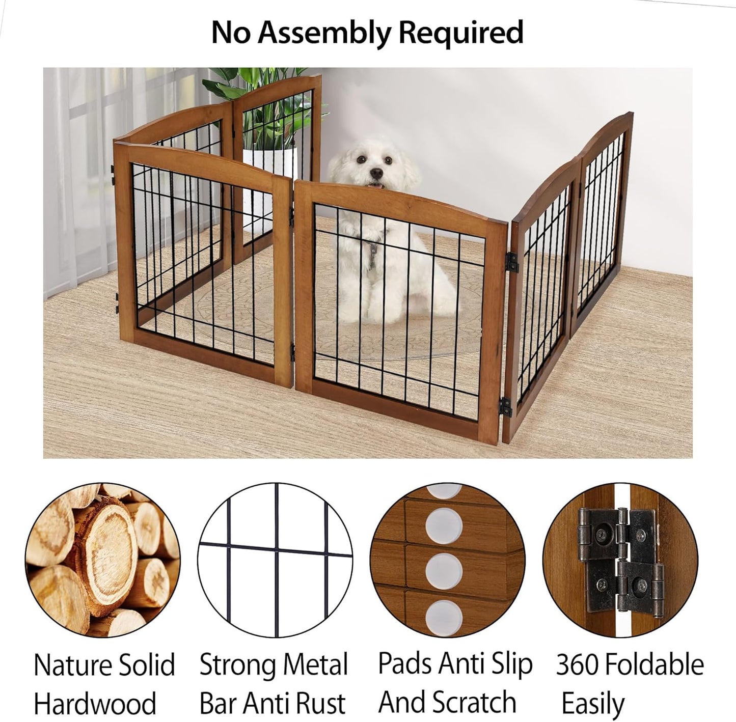 LZRS 2-Panel Freestanding Foldable Wood Dog Gate – Solid Wood & Steel Wire, Chew-Resistant Pet Barrier for Indoor Use, Ideal for Small to Medium Dogs, White