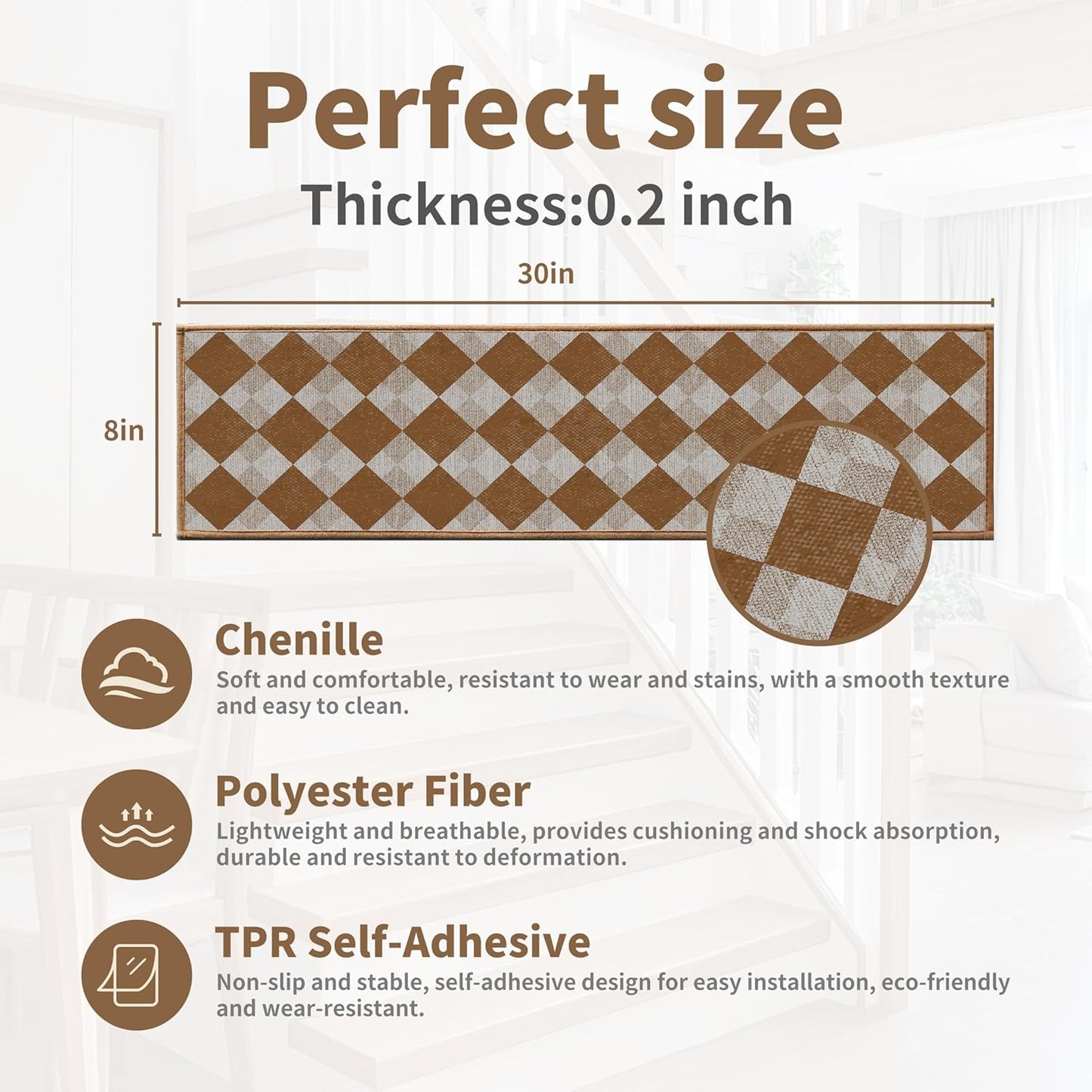 Non-Slip Stair Treads for Wooden Steps 15pcs,8"x30" Stair Carpet Treads for Indoor Use,Peel and Stick Stair Runners,Washable Reusable Adhesive Backing,Pet-Friendly Stair Capet for Kids,Elders,Dogs