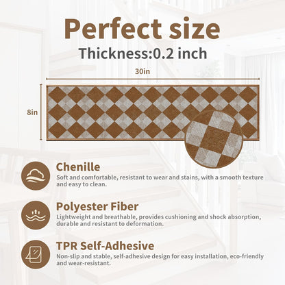 Non-Slip Stair Treads for Wooden Steps 15pcs,8"x30" Stair Carpet Treads for Indoor Use,Peel and Stick Stair Runners,Washable Reusable Adhesive Backing,Pet-Friendly Stair Capet for Kids,Elders,Dogs