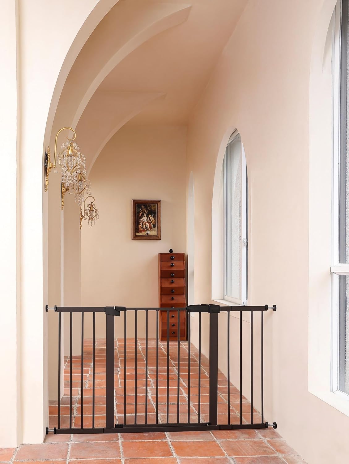 44.72"-46.89" Baby and Pet Safety Gate, 30" Tall Metal Walk-Thru Gate for Doorways & Stairs, Easy One-Hand Open, Dual Lock, Extensions & Wall Mounts Included (Brown, 29"-46" W x 30.5“H)