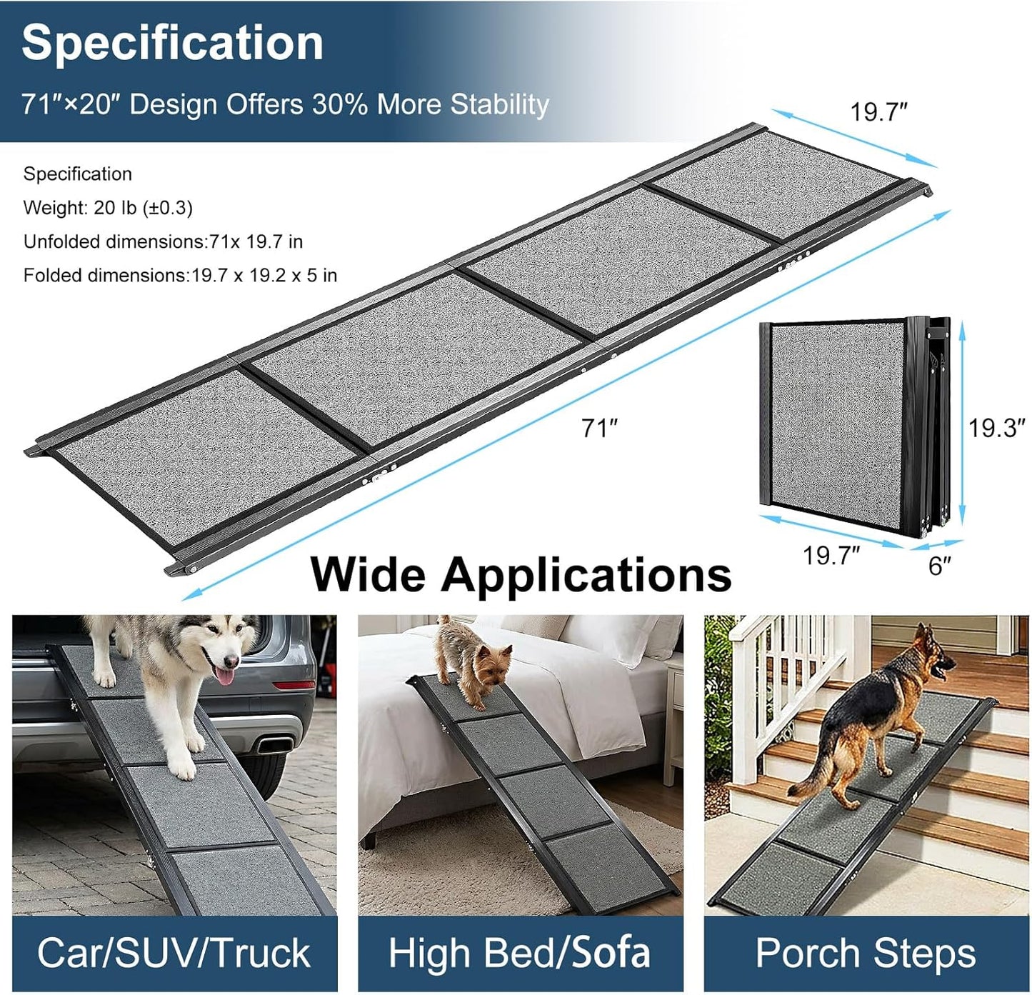 Dog Ramp for Cars 71"Long x 20"Wide SUV & Trucks, Non-Slip Surface Aluminum Pet Ramps for Small & Large Dogs–Heavy Duty Foldable Lightweight Portable Ramp for Senior Dogs High Bed Couch Outdoor 250lbs