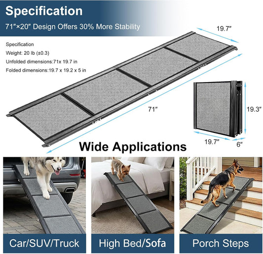 Dog Ramp for Cars 71"Long x 20"Wide SUV & Trucks, Non-Slip Surface Aluminum Pet Ramps for Small & Large Dogs–Heavy Duty Foldable Lightweight Portable Ramp for Senior Dogs High Bed Couch Outdoor 250lbs