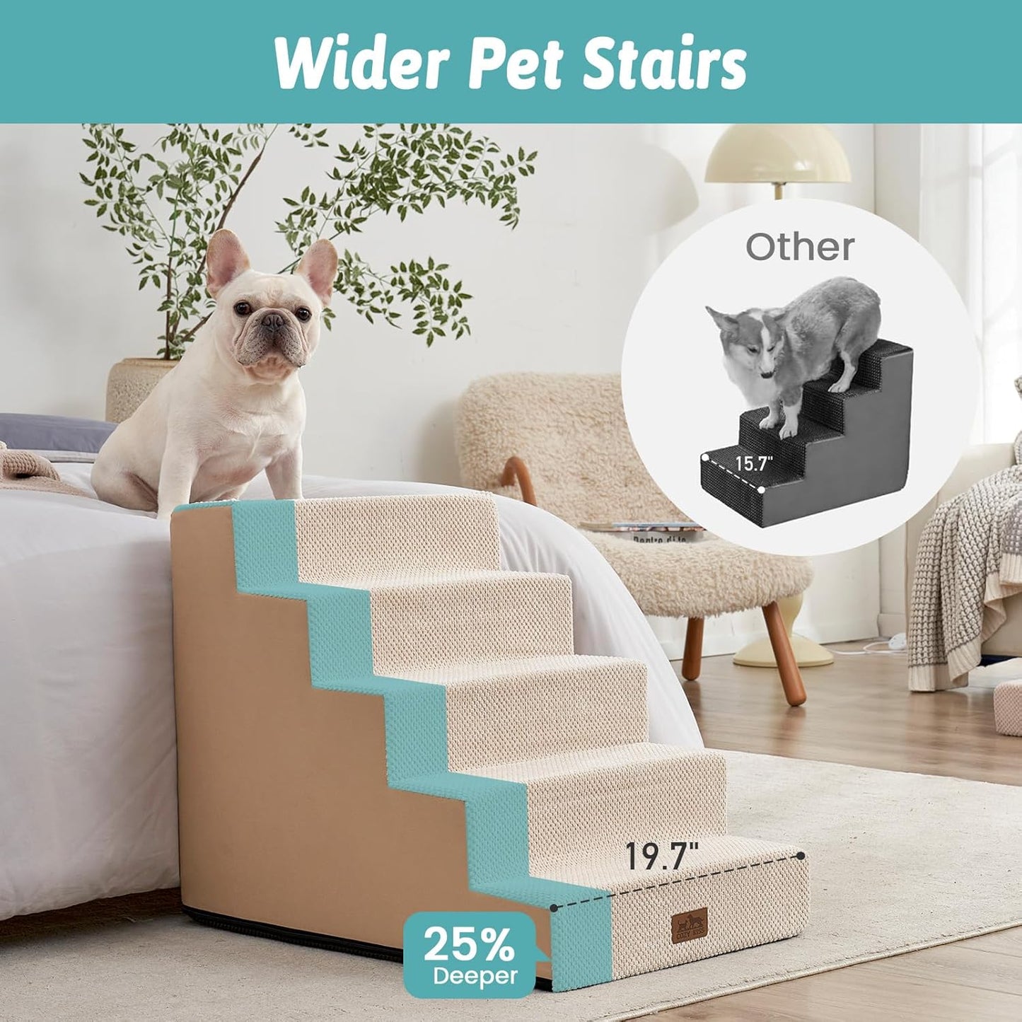 COZY KISS Dog Stairs for Small Dogs, 4 Tier Wider Pet Stairs for Couch and Beds, 17.7" H Non-Slip Dog Steps for Old Cats, Puppy, Small Medium Dogs, 17.7x23.6x17.7 inch, Beige