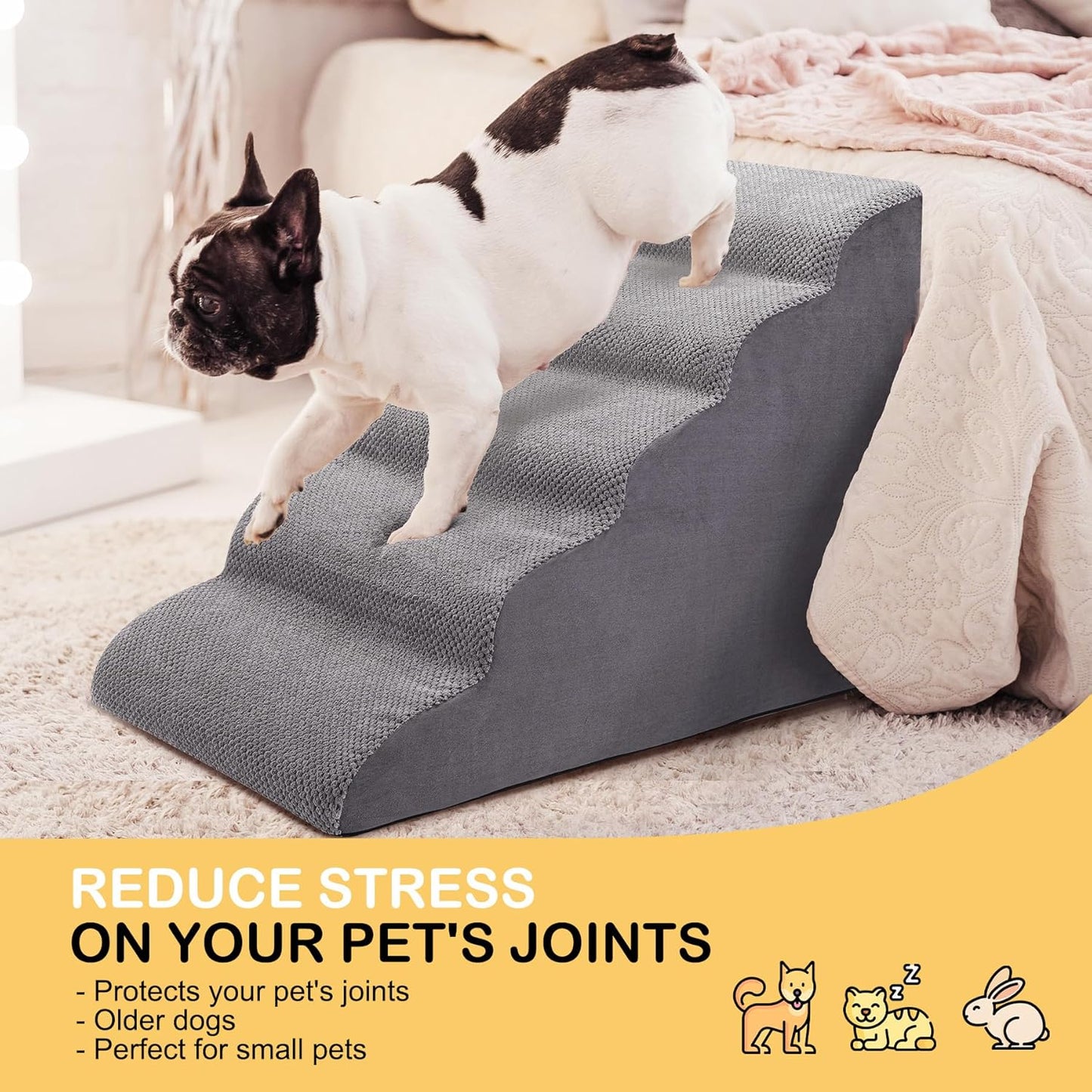 CiWiVOKi Dog Stairs for Bed, 5-Step Dog Steps for Couch and High Bed, Non-Slip Pet Stairs, 24" High Sofa Foam Ramp - Best for Small Pets, Older Cats with Joint Pain