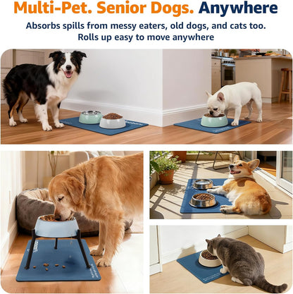 LOOBANI Dog Food Mat for Floors Waterproof 17.3"x17.3"- Absorbent Dog Bowl Mat for Food and Water Bowl, Leakproof Rubber Backing, Dog Feeding Mat for Dog, Cat, Pet (17.3"x17.3", Dark Blue)