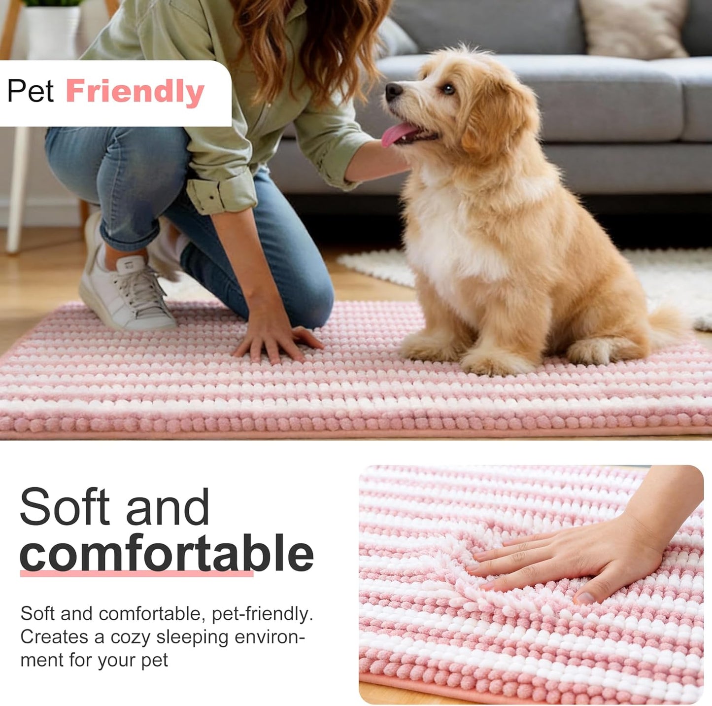 pobopobo Dog Door Mat for Muddy Paws - Absorbent & Washable Chenille Rug, Non-Slip Dirt Trapper for Indoor Outdoor Entryway, Quick Dry Pet Mat for Muddy Dogs (Striped Gray-Blue&White, 24" x 16")