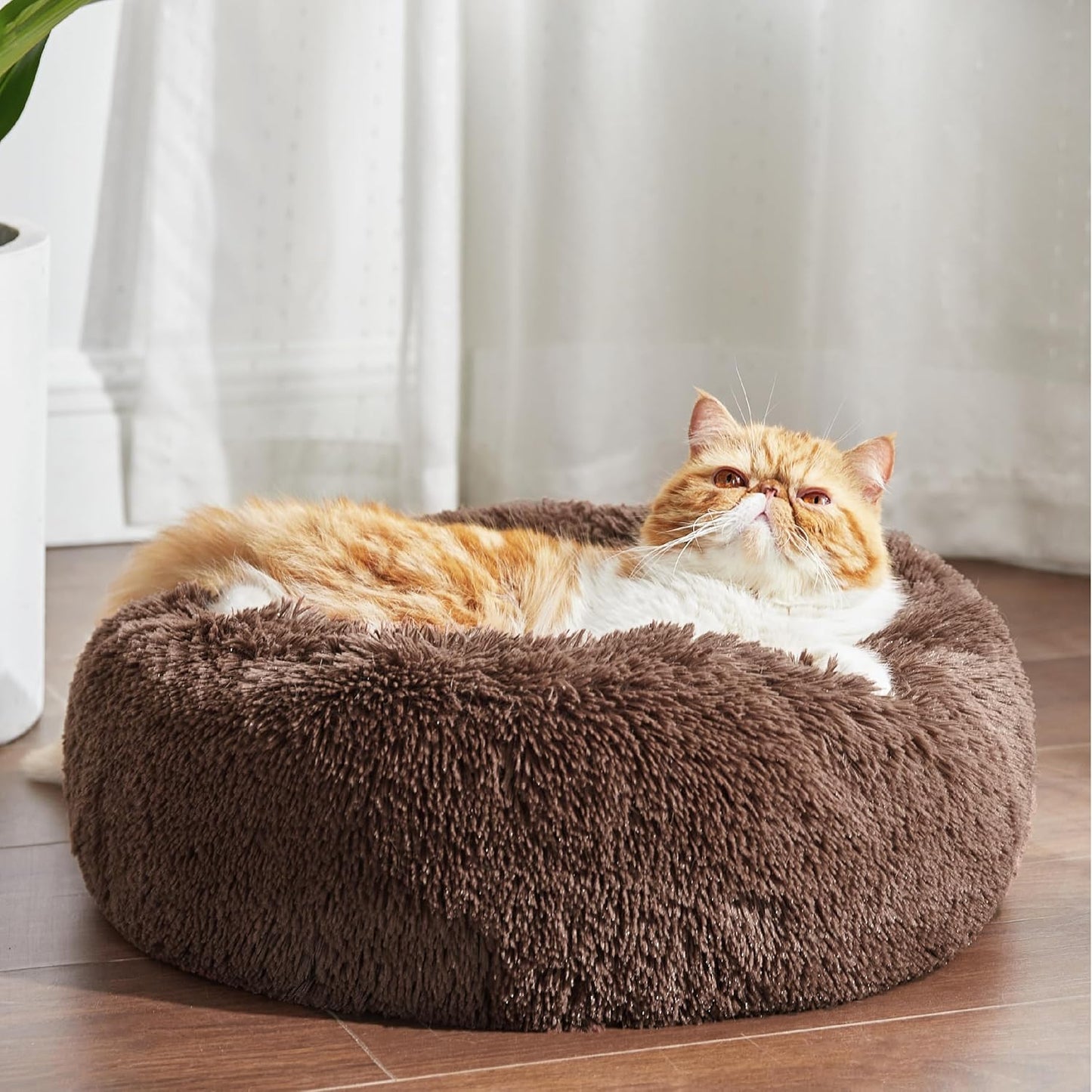Bedsure Calming Dog Bed Medium Size Dog - Donut Washable Medium Pet Bed, 30 inches Anti-Slip Round Fluffy Plush Faux Fur Cat Bed, Fits up to 45 lbs Pets, Camel