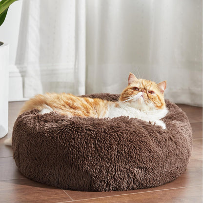 Bedsure Calming Dog Bed Medium Size Dog - Donut Washable Medium Pet Bed, 30 inches Anti-Slip Round Fluffy Plush Faux Fur Cat Bed, Fits up to 45 lbs Pets, Camel