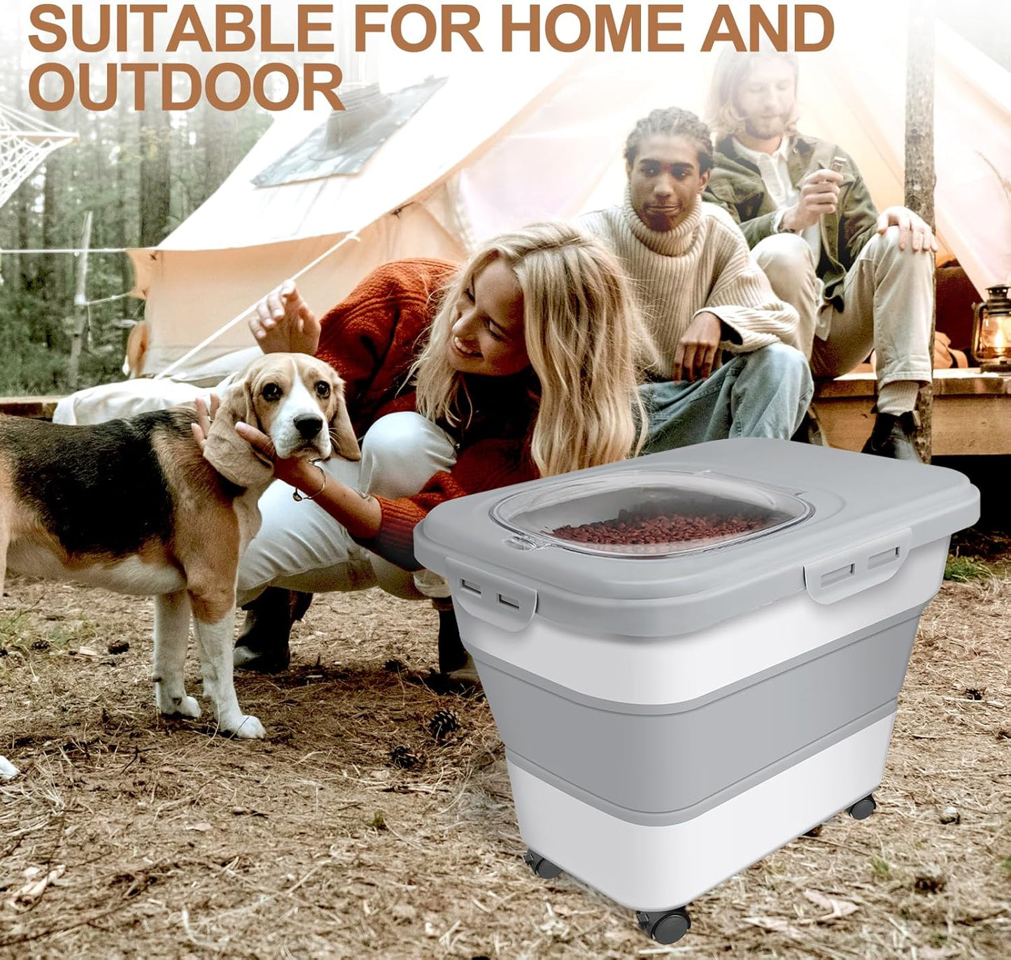 TIOVERY Dog Food Storage Container Small, 10-13lbs Collapsible Dog Cat Food Containers with Airtight Clear Flip-top and Pet Food Scoop, Pet Food Storage Container Bin for Dog Cat Bird Other Pets Grey