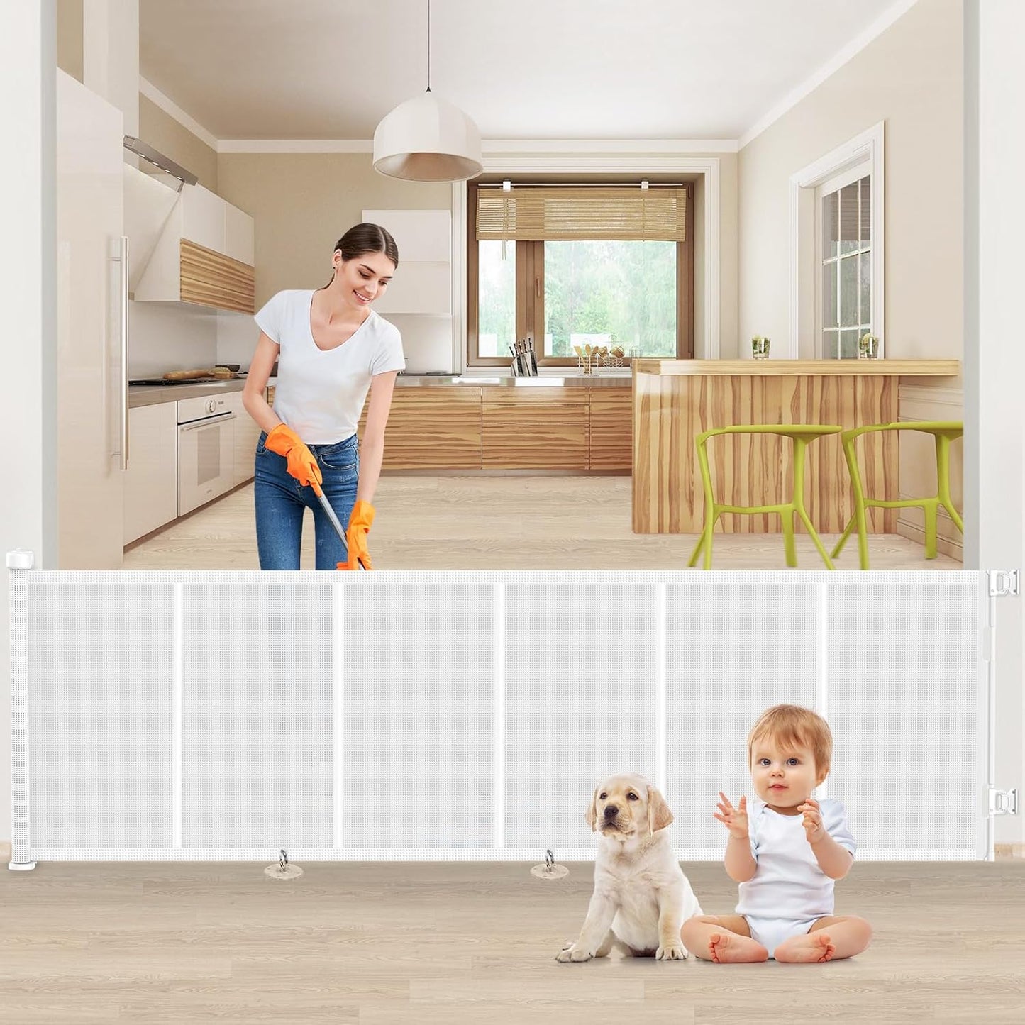 Upgrade 120 inch Retractable Baby Gates, EZIGO Extra Wide Baby Gate for Large Opening Extra Long Mesh Gate for Kids or Pet Dog Gate Child Safety Gate for Stairs Hallways Doorway Indoor Outdoor, Gray