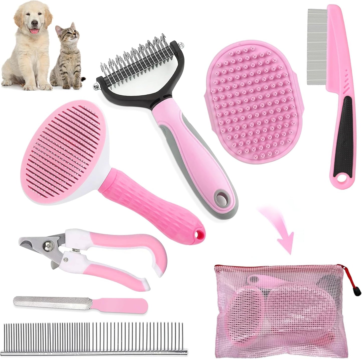 Dog Brush Grooming Kit 6PCS Dog Brush for Shedding-Dogs Brushes for Grooming, Dematting Comb for Dogs, Nail Clipper with Nail File, Flea Comb, Cat Bath Brush-Pink