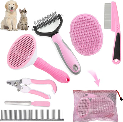 Dog Brush Grooming Kit 6PCS Dog Brush for Shedding-Dogs Brushes for Grooming, Dematting Comb for Dogs, Nail Clipper with Nail File, Flea Comb, Cat Bath Brush-Pink