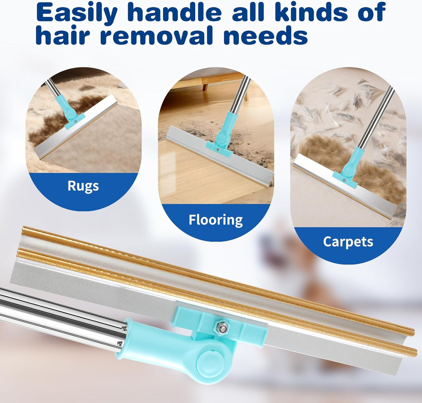 Carpet Rake for Pet Hair Removal - Reusable Pet Hair Remover, 54” Adjustable Long Handle Cat Dog Carpet Rake, Advanced Lint Remover Scraper for Carpets, Rugs, Mats, Couch