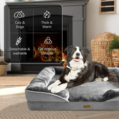 Spotted Play Orthopedic Dog Bed with Sides - Dog Sofa Beds for Medium Dogs, Supportive Foam Pet Couch Bed with Washable Removable Cover, Waterproof Lining and Non-Slip Bottom, Grey - M
