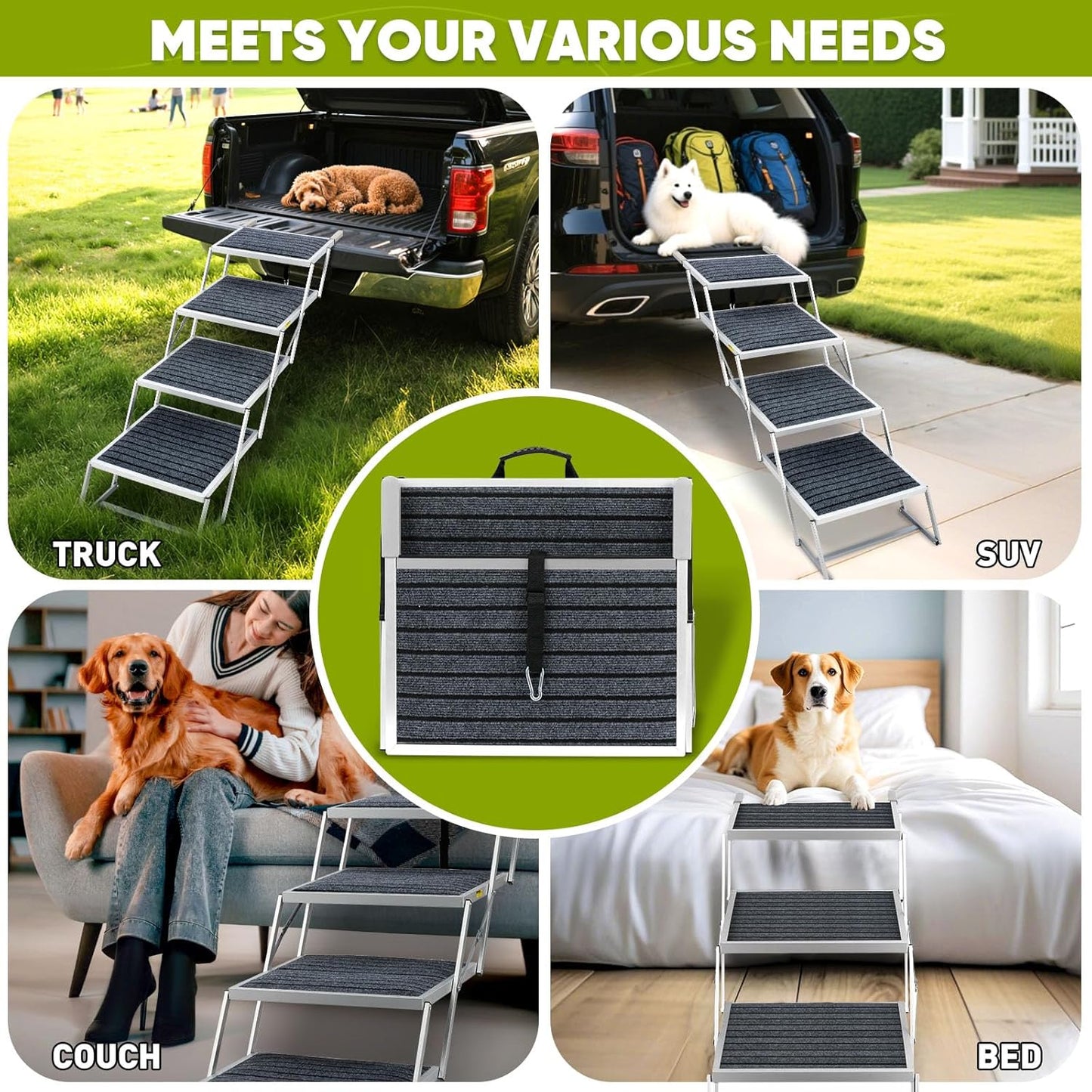 Dog Stairs for Large Dogs,Dog Stairs for Cars,Foldable Dog Ramp Pet Steps Light Weight Aluminum,Extra Wide Dog Stair for Large Dogs,High Beds, Trucks, Supports up to 200 lbs (Extra Wide-4 Steps)
