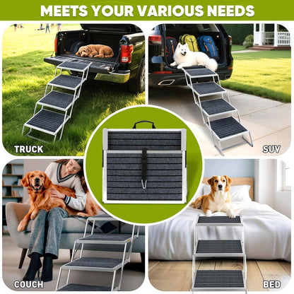 Dog Stairs for Large Dogs,Dog Stairs for Cars,Foldable Dog Ramp Pet Steps Light Weight Aluminum,Extra Wide Dog Stair for Large Dogs,High Beds, Trucks, Supports up to 200 lbs (Extra Wide-4 Steps)