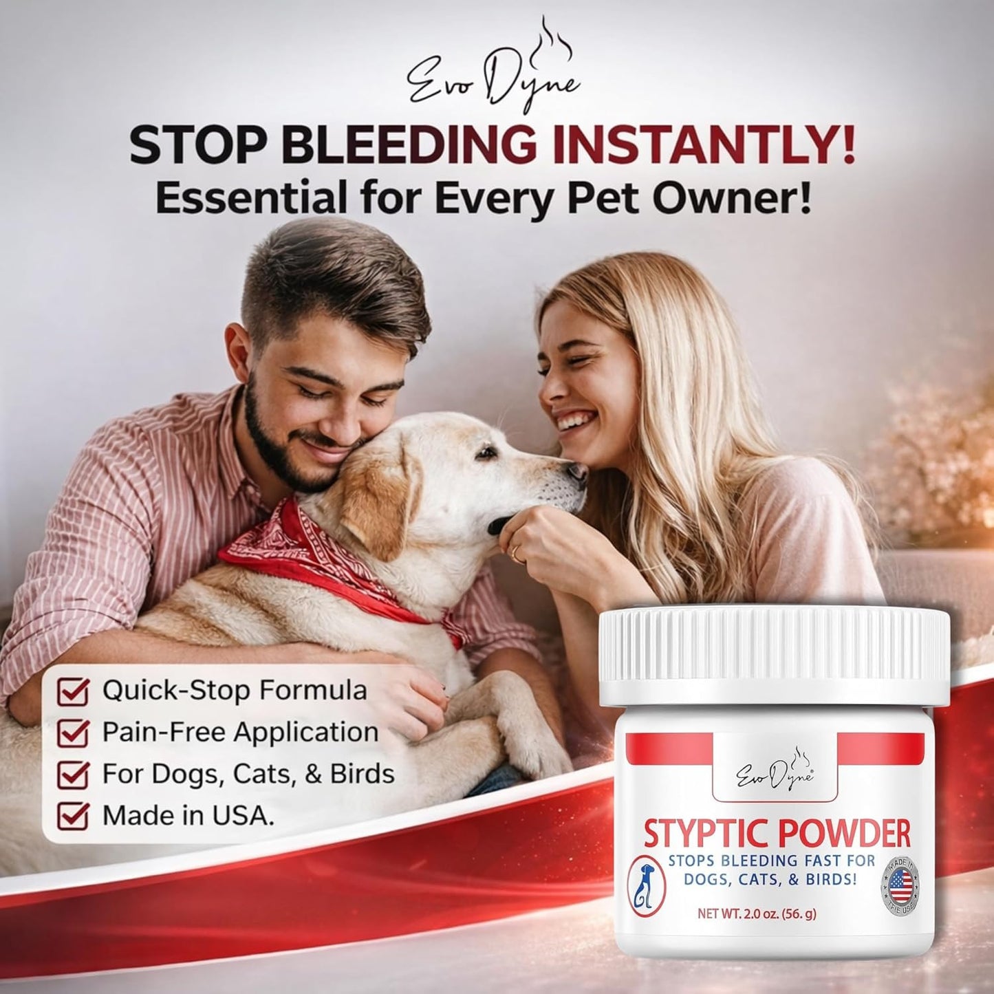 Styptic Powder for Dogs, Cats, and Birds (2 oz) by Evo Dyne | Fast-Acting Blood Stop for Pets | Quick Stop Bleeding Powder for Dog Nail Clipping, Grooming, Cuts and More (1-Pack)