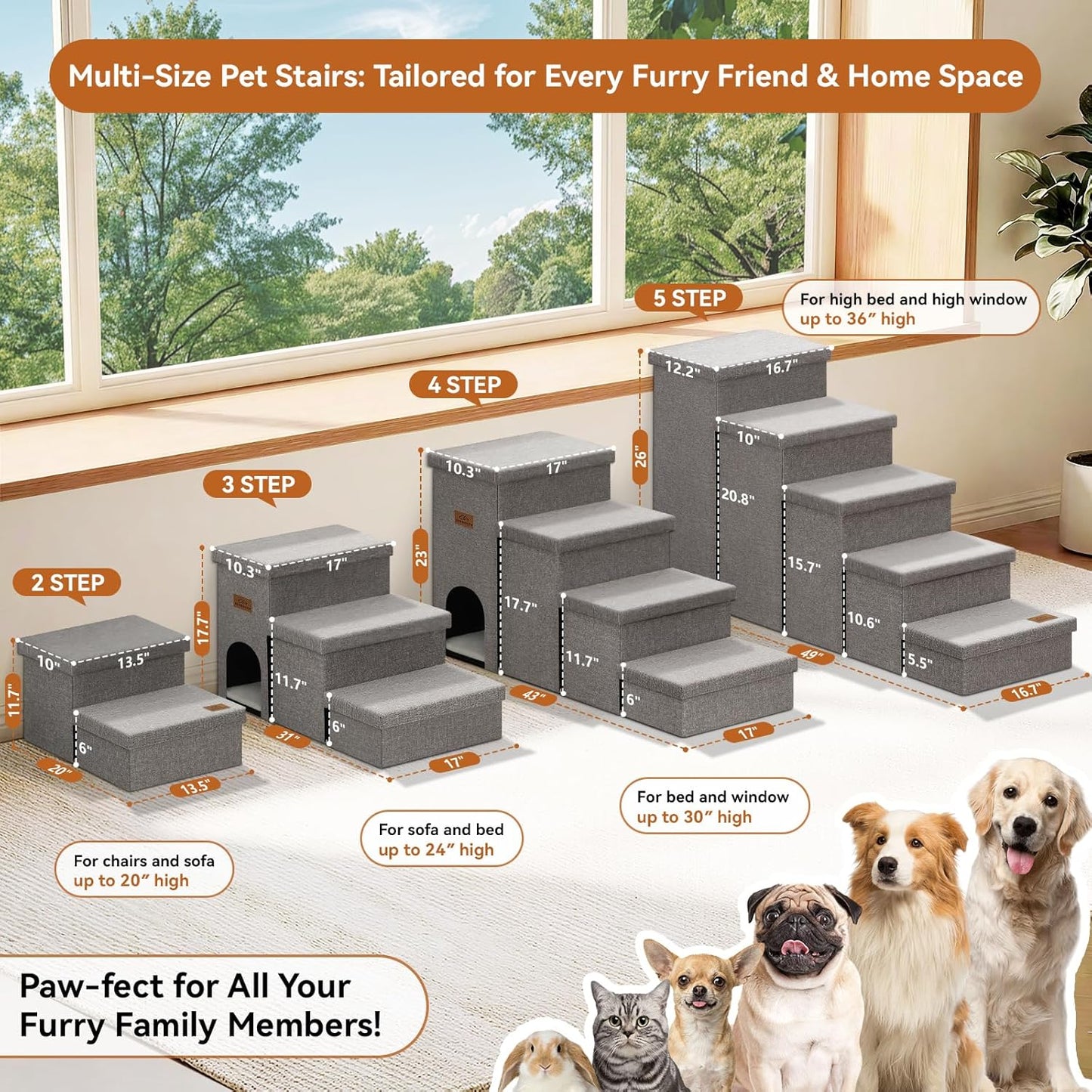 Zerbuger Wider Dog Ramp for High Bed with Storage 18" H, Foldable Dog Stairs for Small Medium Large Older Senior Animal, Sturdy Dog Step for Climbing Bed or Couch, Arthritis-Friendly (Gray, No Condo)