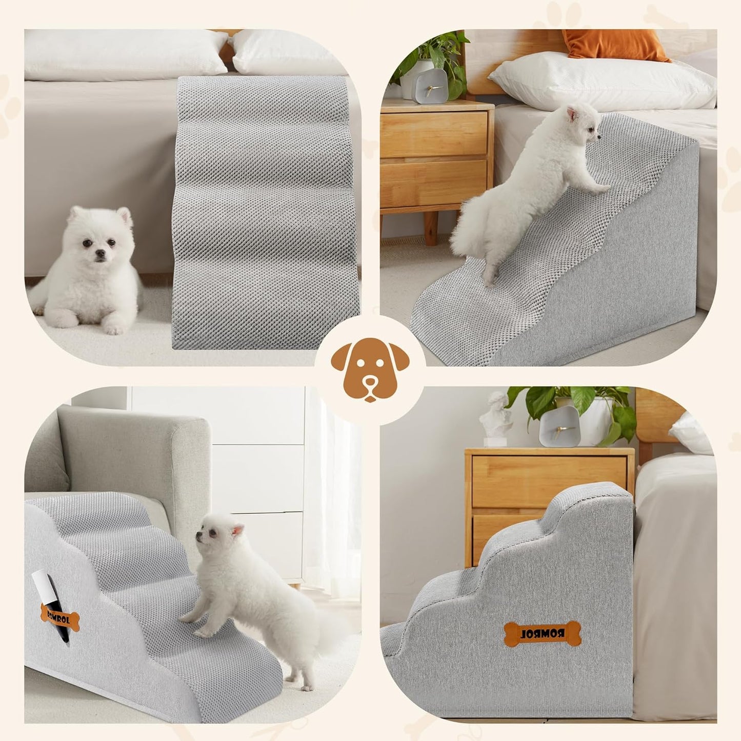 Romrol Dog Stairs Ramp for High Beds Couches, High Density Foam Pet Steps with Durable Non-Slip Waterproof Fabric Cover, Dog Stairs for Small Dogs or Cats or Pets, 5-Step, 22 Inch, Grey