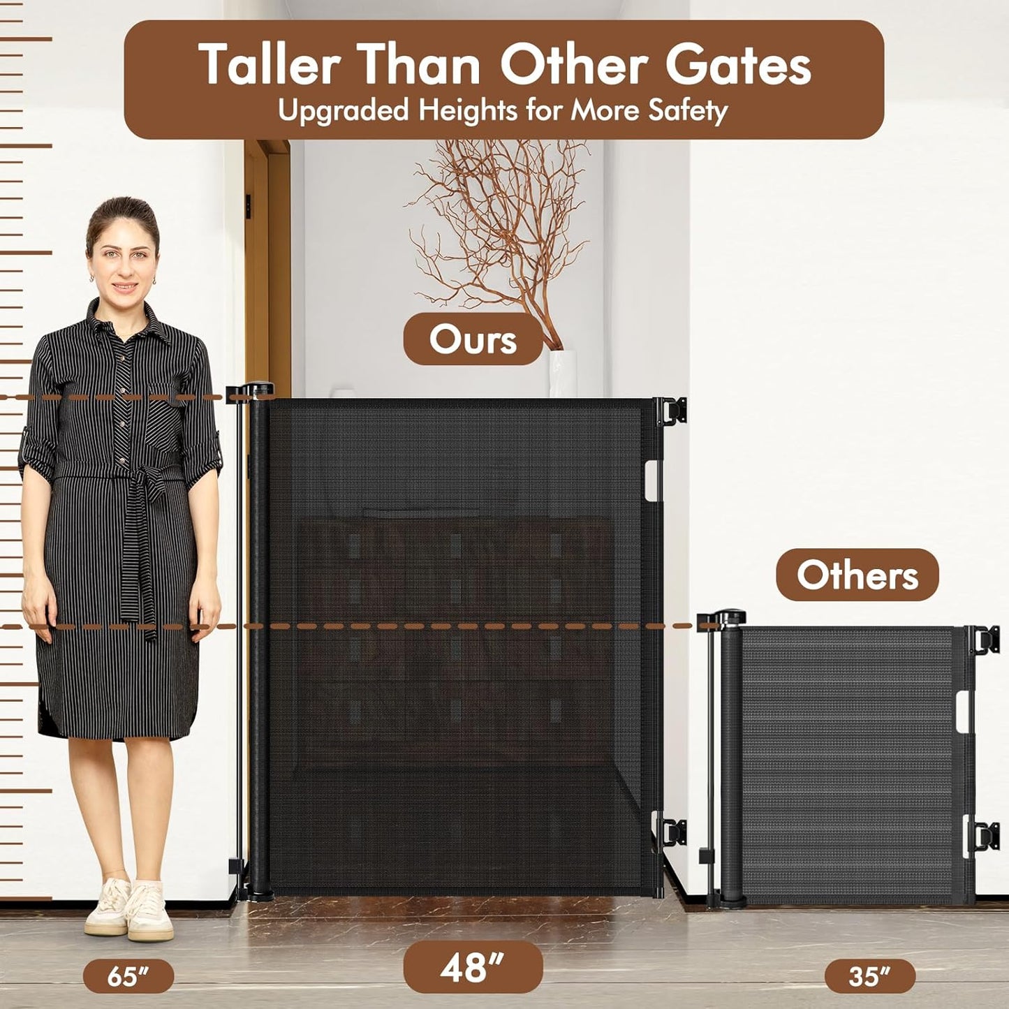 48" Tall X 135" Extra Wide Retractable Baby Gates for Large Openings, Extra Tall Dog Gates for Doorways Large Baby Gate Mesh Gate Cat Gate - Upgraded Height to Prevent Jumping Over, Black