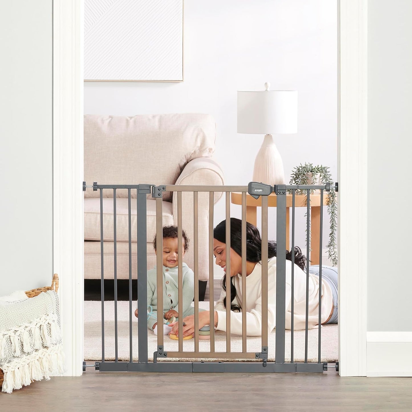 Regalo Safety 30.5-58" Extra Wide Arch Baby Gate with Door, Pressure Mount Walk Through Gate for Doorways & Bottom of Stairs, Babies, Toddlers & Pets, Tested & Safe, American Designed, American Owned