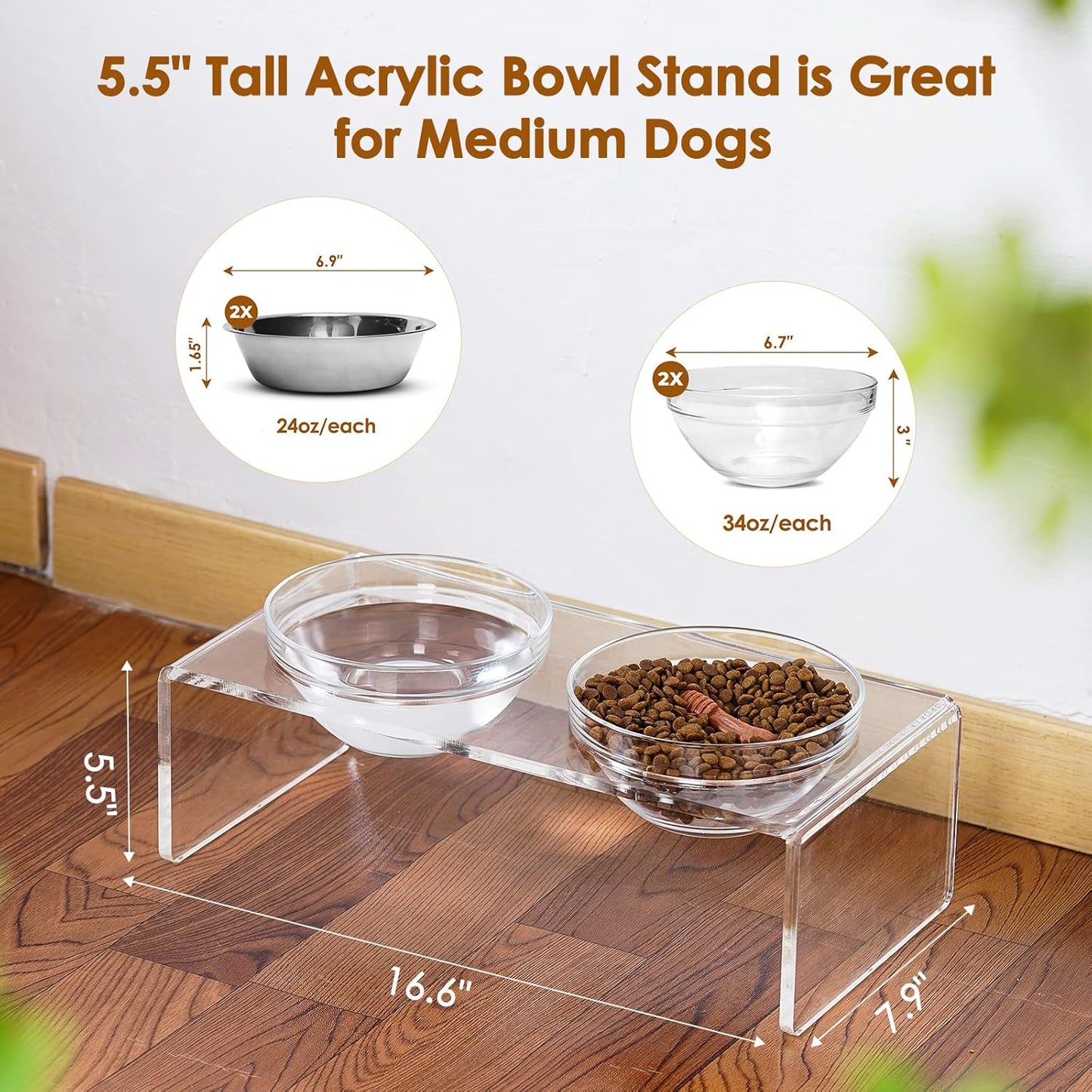 Acrylic Elevated Dog Cat Bowls Pet Feeder Double Bowl Raised Stand Comes with 4 Removable Stainless Steel Bowls. Perfect for Cats Puppies Small Dogs, 3.75 Inch