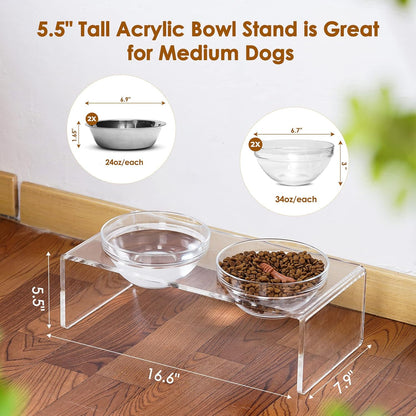 Acrylic Elevated Dog Cat Bowls Pet Feeder Double Bowl Raised Stand Comes with 4 Removable Stainless Steel Bowls. Perfect for Cats Puppies Small Dogs, 3.75 Inch