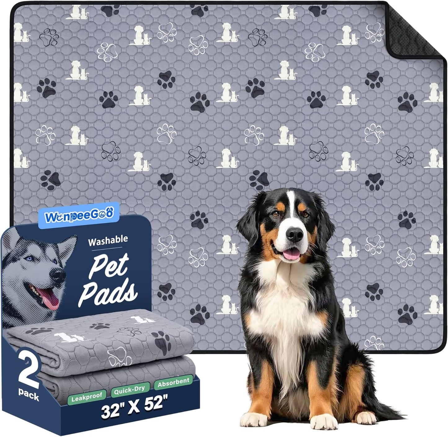 WanpeeGoo Washable Pee Pads for Dogs, 4 Pack Absorbent Reusable Training Dog Pads Pet Puppy Pads, Non-Slip Potty Pads for Whelping, Playpen, Crate, Bed, Grey 18"x24"