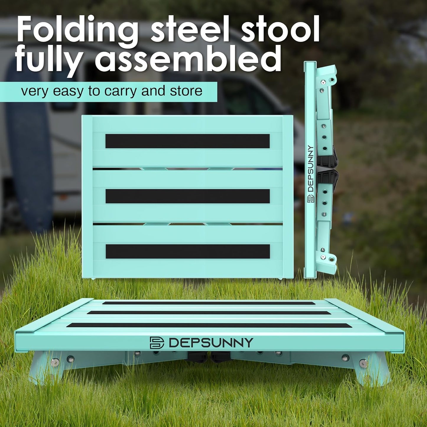 Adjustable Height Aluminum RV Step, Stable Foldable Platform Step Stool, Supports Up to 1,000 lb, Non-Slip Rubber Feet and Platform Mat, Easy to Carry (Black)