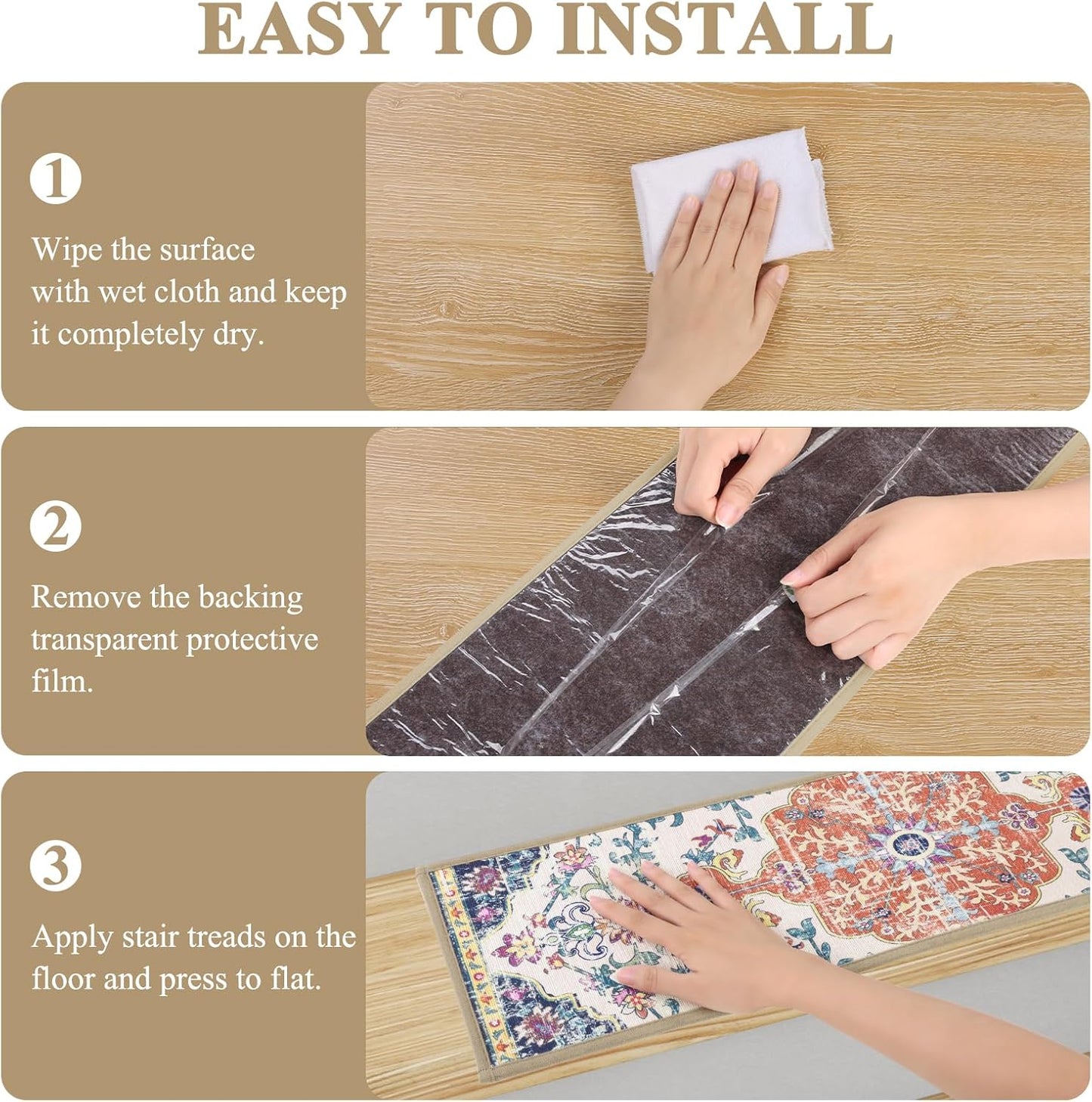 Pauwer Carpet Stair Treads for Wooden Steps Indoor 15 Pack 8" X 30" Peel and Stick Stair Treads Non Slip Staircase Step Treads Reusable Stair Runner Rugs for Dogs, Kids and Elders