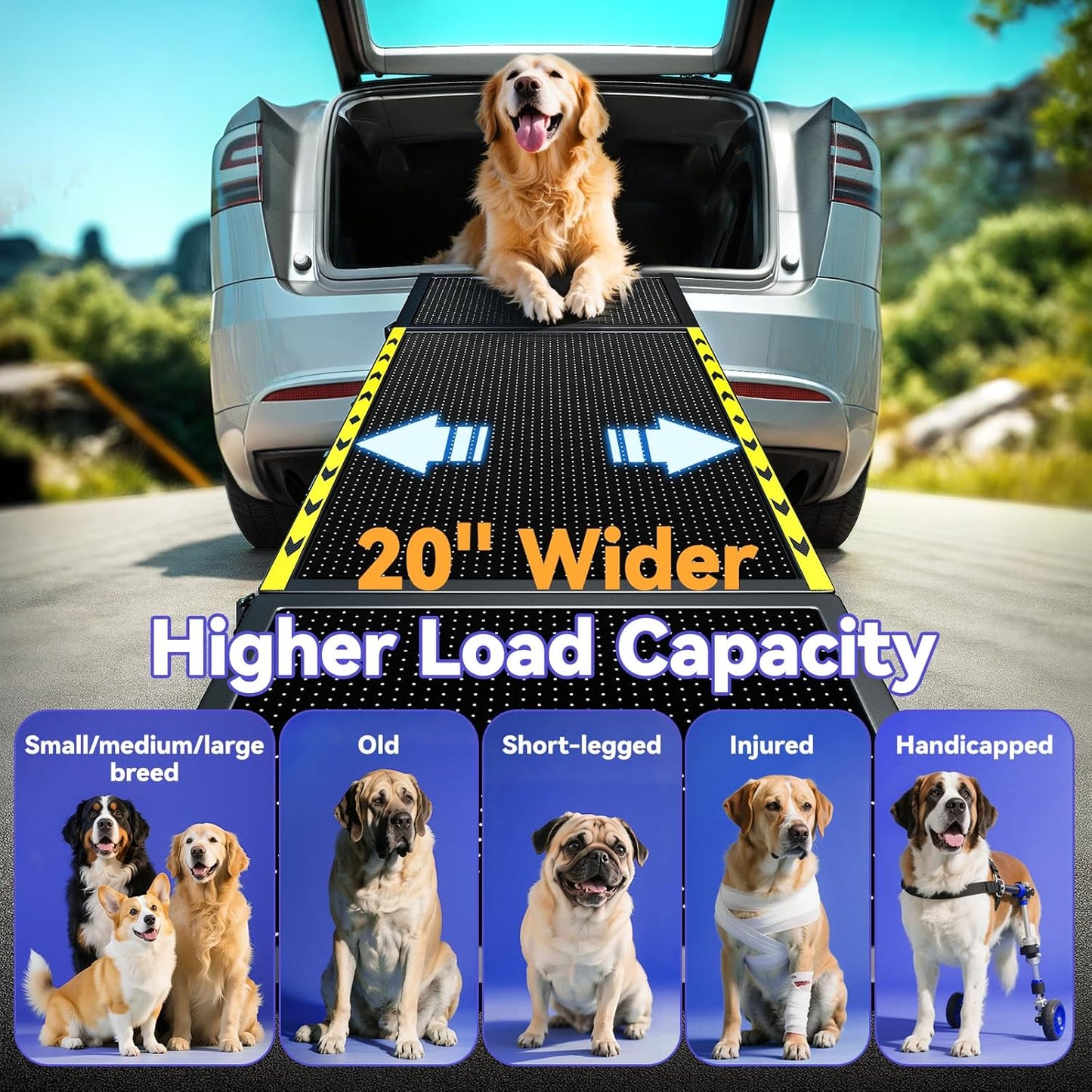 74'' L & 20'' W Longest Dog Ramp for Car - Extra Wide Portable Pet Dog Ramps for Large Dogs, Dogs Cars Ramp for Car SUV/Truck/RV/Bed, Lightweight Ramps with Non-Slip Mesh Up to 250LBS, Black