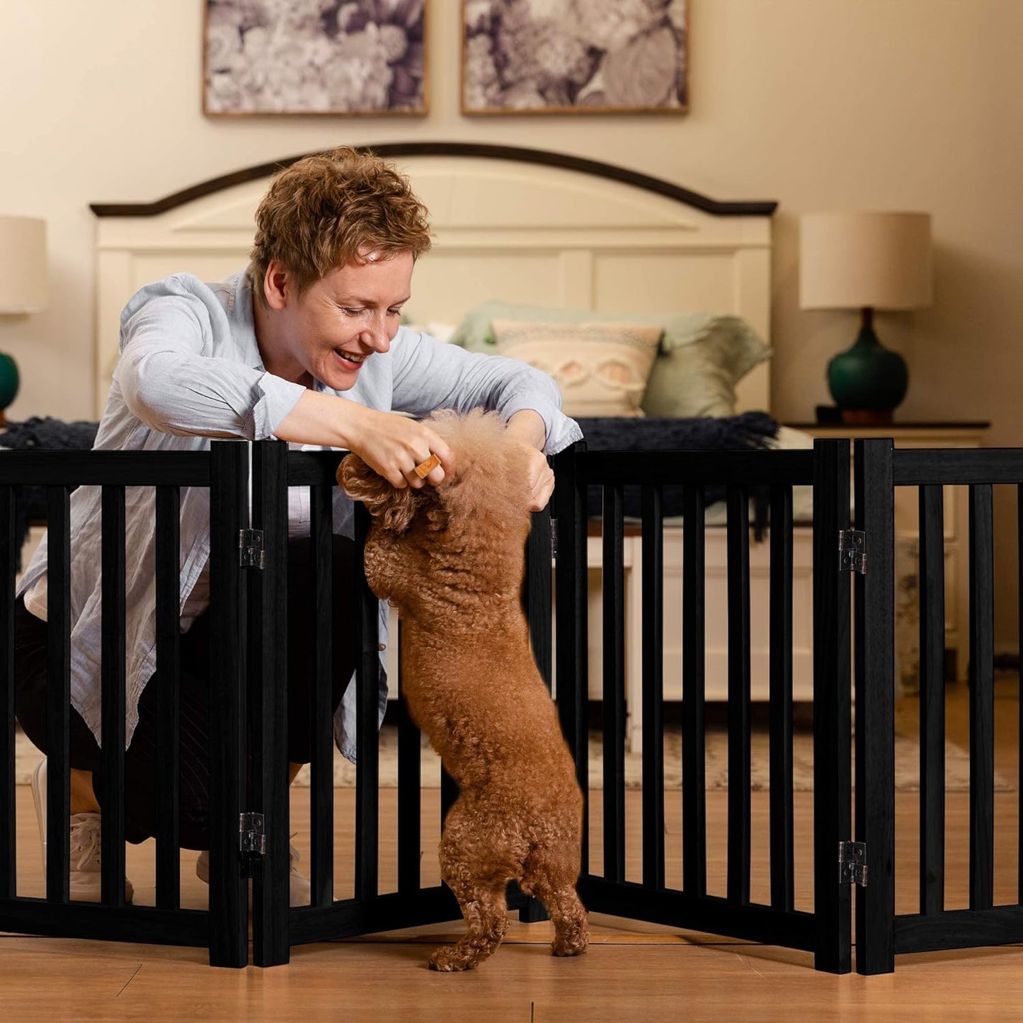 LZRS 2-Panel Wooden Free Standing Foldable Dog Gate Indoor – Solid Hardwood 24" High, Step-Over Safety Pet Gate for Doorways, Stairs & Small Spaces - Indoor Use, White