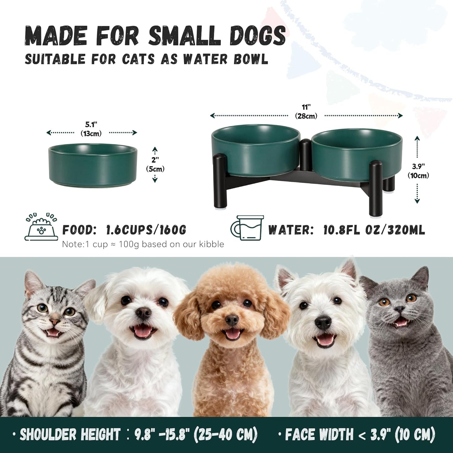 Raised Ceramic Dog Bowl Set - Elevated Double Dishes with Stainless Steel Stand - Food and Water Bowls for Small to Medium Dogs - Each Holds 3.5 Cups (29.57 fl oz) - White