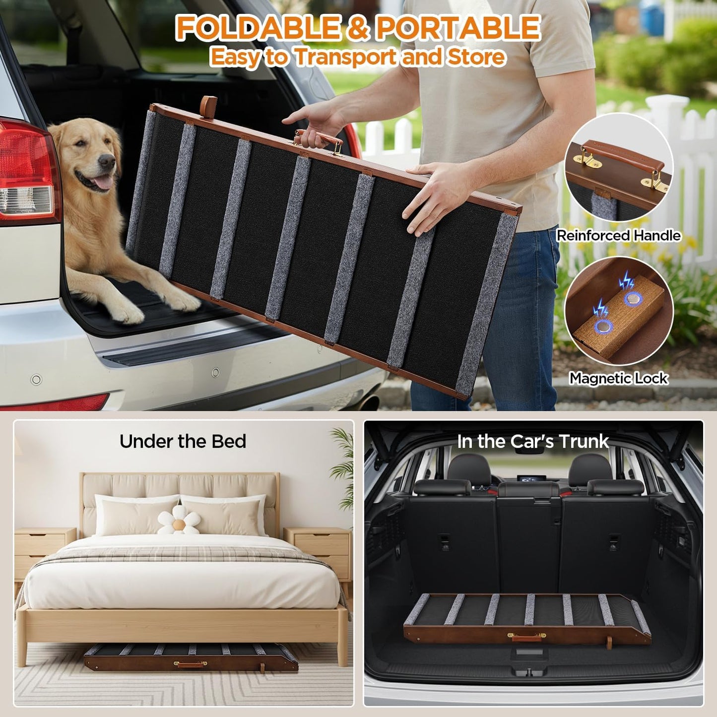 Dog Ramp for Bed - Extra Wide 17’’, Non-Slip Rubber Surface Excellent Traction, Pet Ramp for Small Large Dogs to Get on High Couch Car, Hold up to 200lb, Adjustable, Foldable
