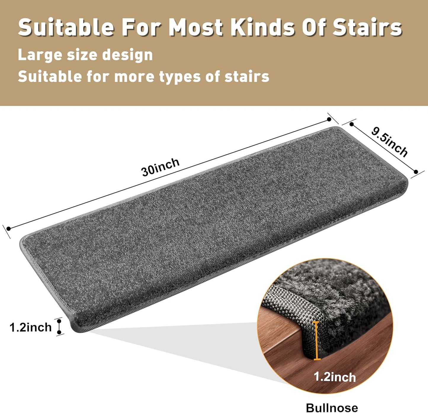 PURE ERA Bullnose Carpet Stair Treads Set Tape Free Non-Slip Indoor Stair Protectors Pet Friendly Rugs Covers Soft Skid Resistant Washable Reusable 9.5" x 30"(14 Pieces,Cream Gray)
