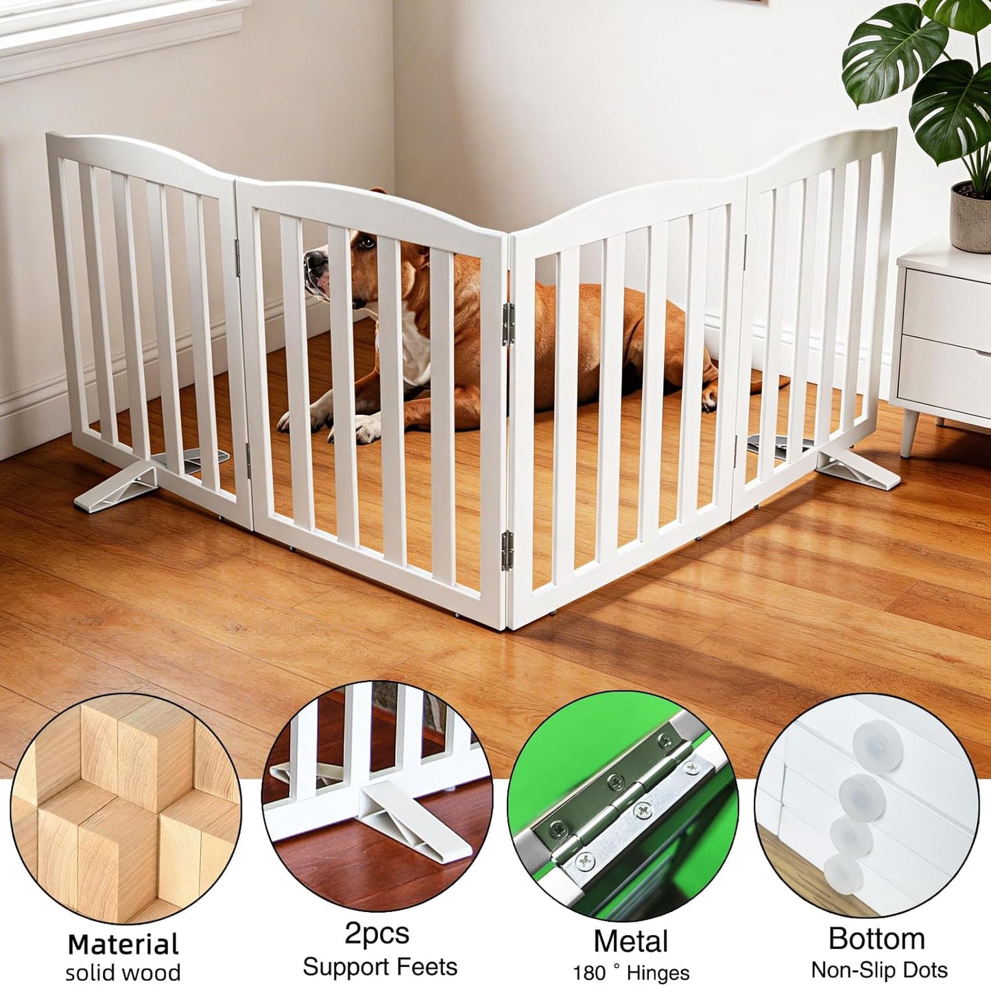 ZJSF Foldable Freestanding Indoor Dog Gate for House Wood White Long Pet Gates Dog Fence for Stairs Puppy Gates for Hallways,Pet Fence, Puppy Gate,Support Feet Included 24 "Height-3 Panels