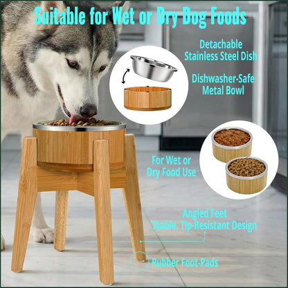 Elevated Slow Feeder Dog Bowls Large Breed - (12-inch-high) - Raised Bowl with Anti-Choking Insert - Stainless Metal and Bamboo