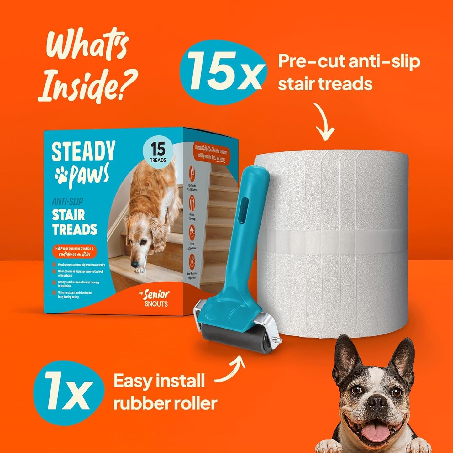 Clear Anti-Slip Stair Treads – Transparent Adhesive Stair Strips for Dogs, Cats, & Elderly Pets, Non-Slip Step Traction Pads for Pet Safety, Easy to Apply & Remove – 15 Pack (24" x 6")