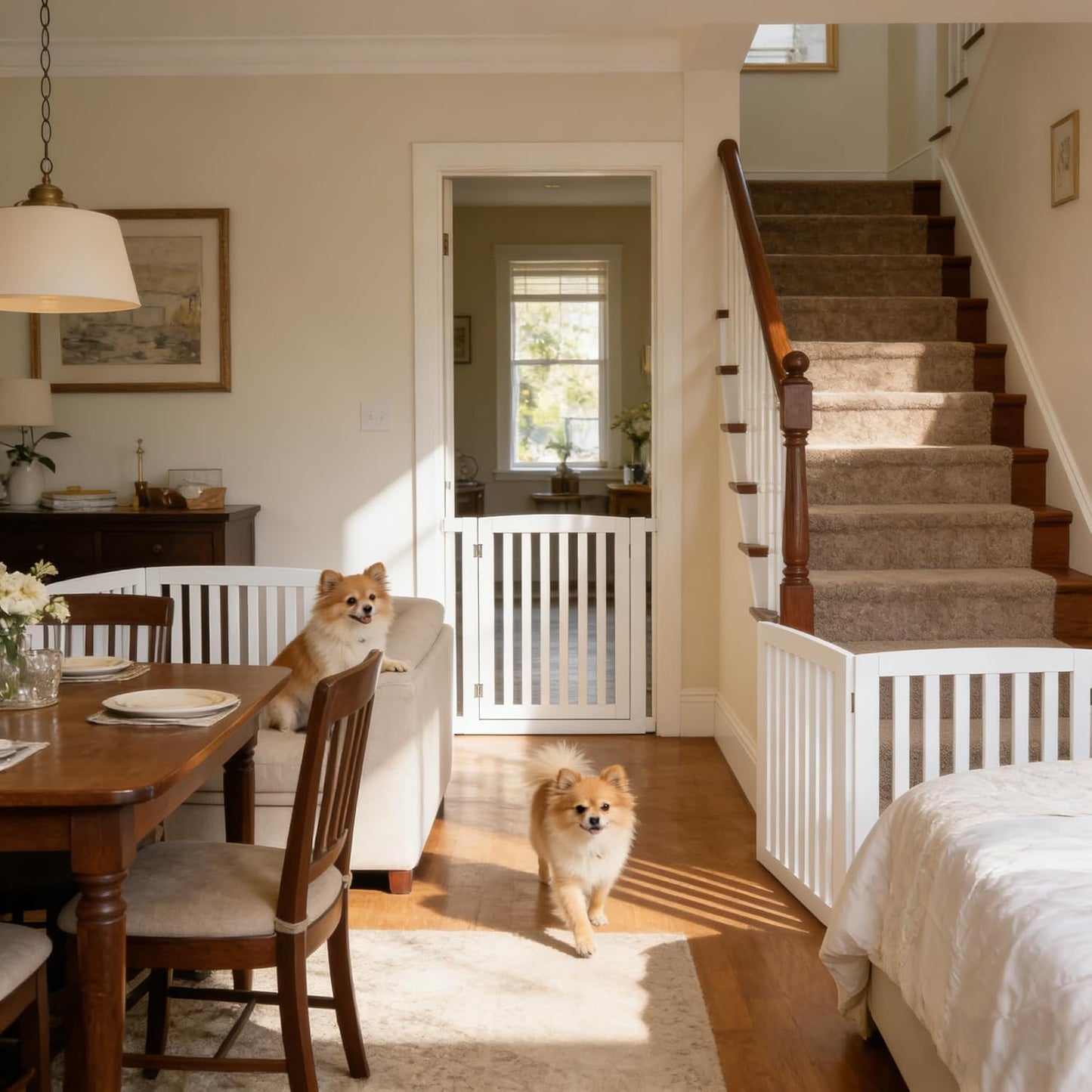 Freestanding Pet Dog Gate 36 Inch Foldable Fence Indoor 3 Panel Extra Wide Wooden Dog Door for Stairs Hallways Doorways
