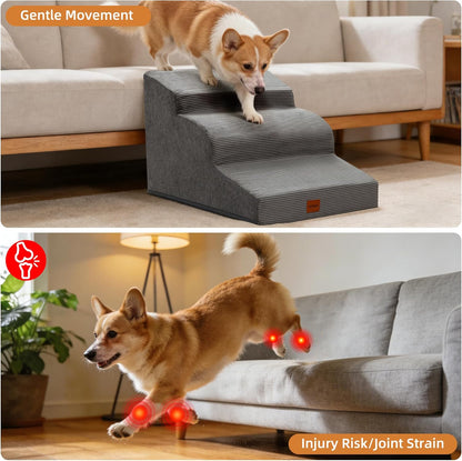 Dog Stairs for Small Dogs and Cats, 15.7" H, 3-Step Curved Pet Ramp for Couch Sofa and Chair, Non-Slip Medium Pet Steps with High Density Foam, Beige